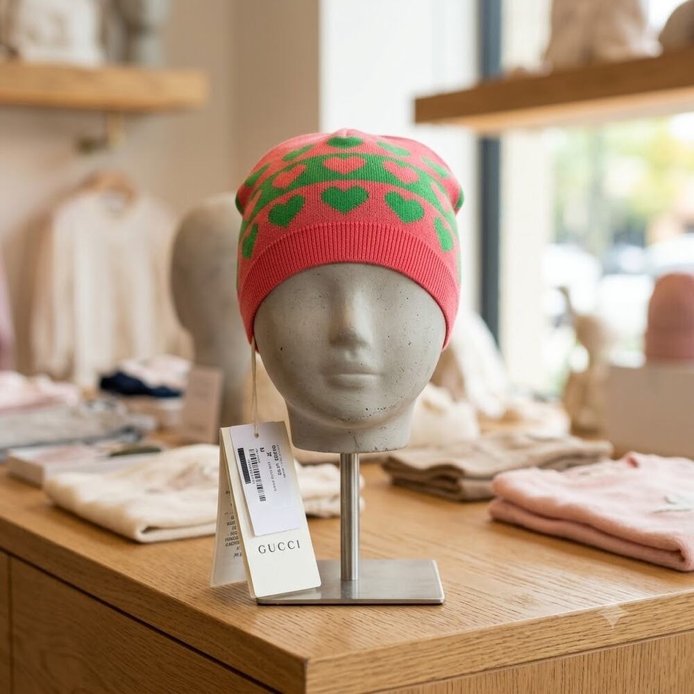 Gucci Baby Beanie Hat Pink Green Knit Heart Monogram Pattern NWT Large Luxury